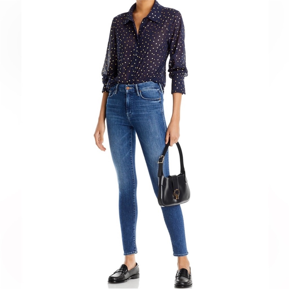 Aqua Navy Button Down Sheet Long-sleeve Shirt with Gold Foil Heart Print - Picture 4 of 11